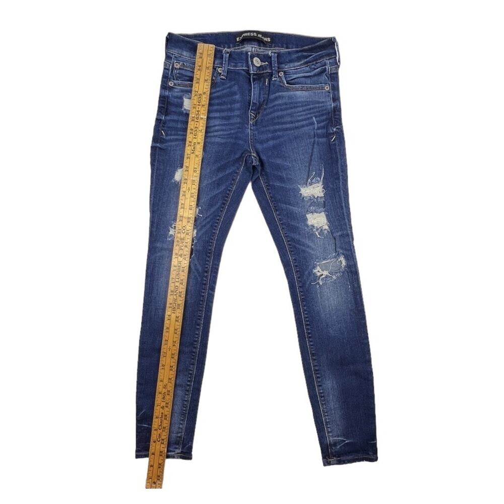 Express Jeans Mid Rise Ripped Distressed Denim Dark Blue Wash Leggings Womens 0 - Picture 7 of 7
